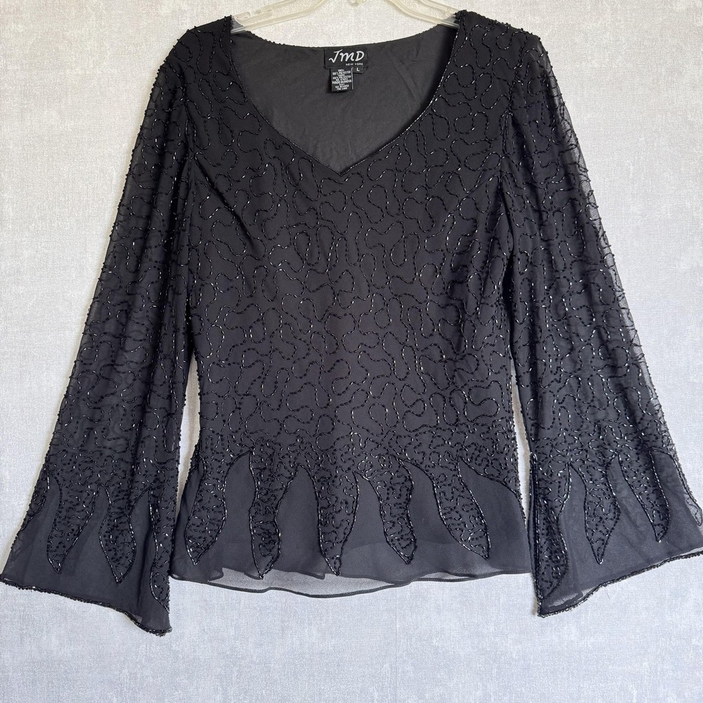 JMD Blouse Womens L Black Beaded V Neck Bell Sleeve Chiffon Party Evening Top